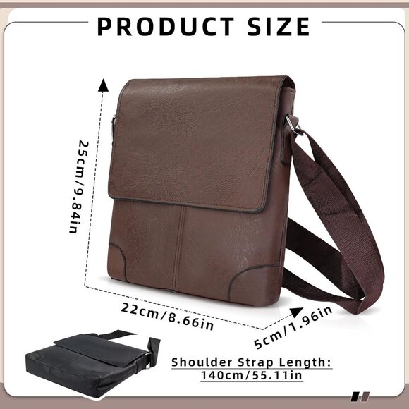 Brown Faux Leather Crossbody Bag for Men with 4 Pockets and Adjustable Strap - Picture 2 of 6